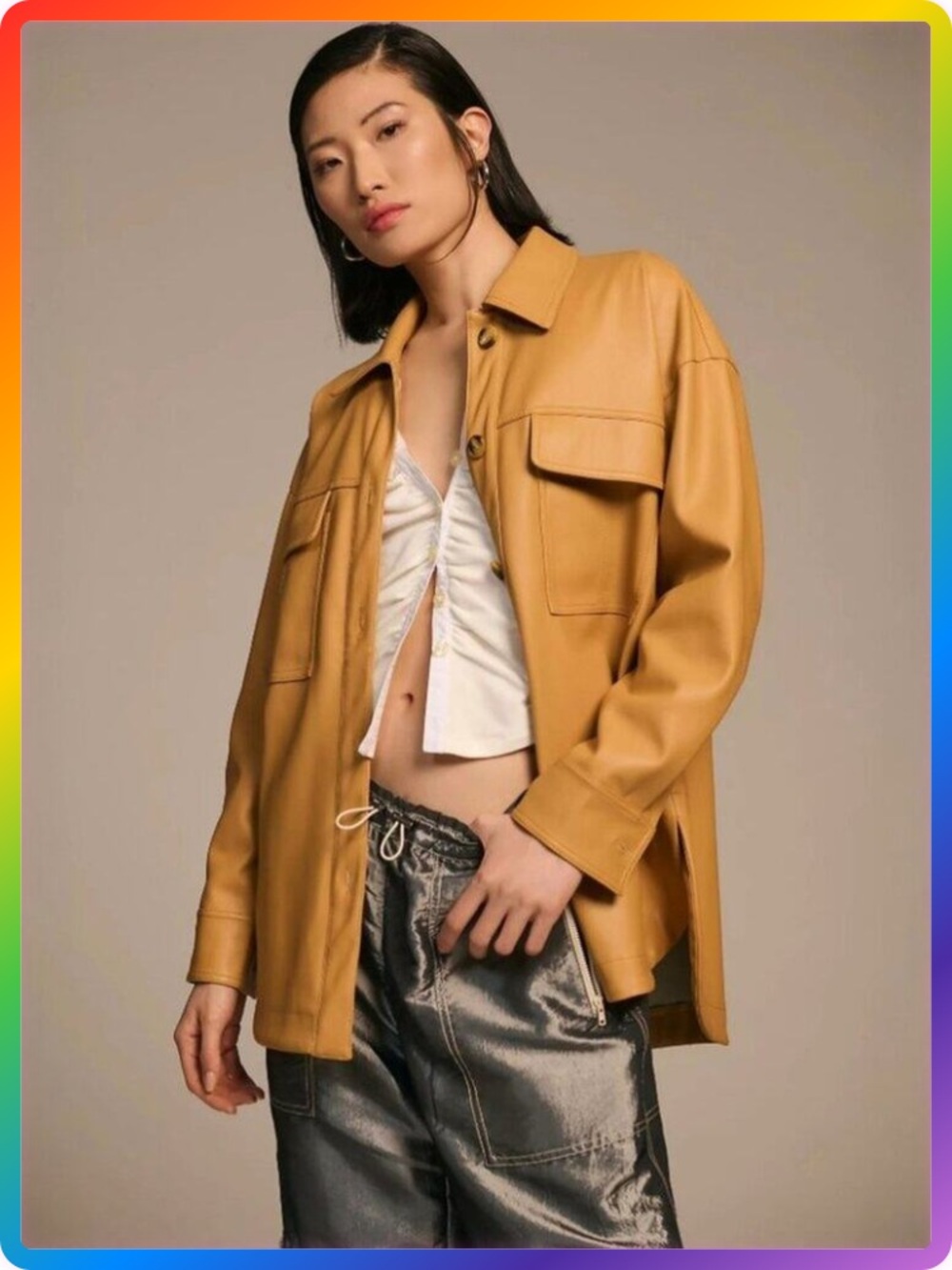 Maeve Oversized Vegan Leather Button Shacket Womens L Honey Tan Pockets Shacket